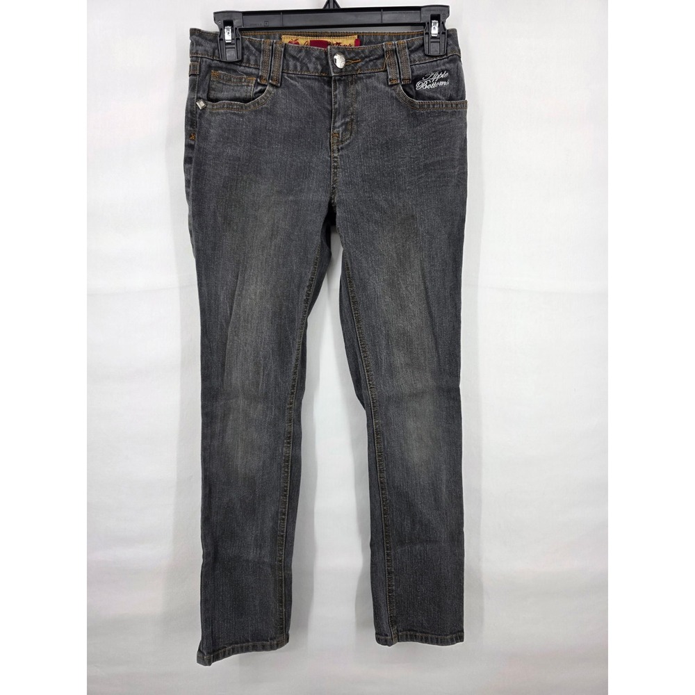 Apple Bottoms Womens Gray Embroidered Straight Leg Jeans Size 12 Dark Wash Y2K